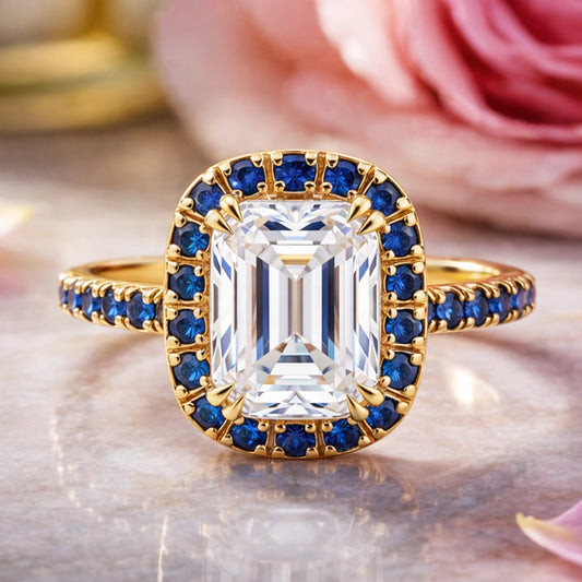 Aurora’s Gleam | 2CT Emerald Cut Halo Moissanite Ring