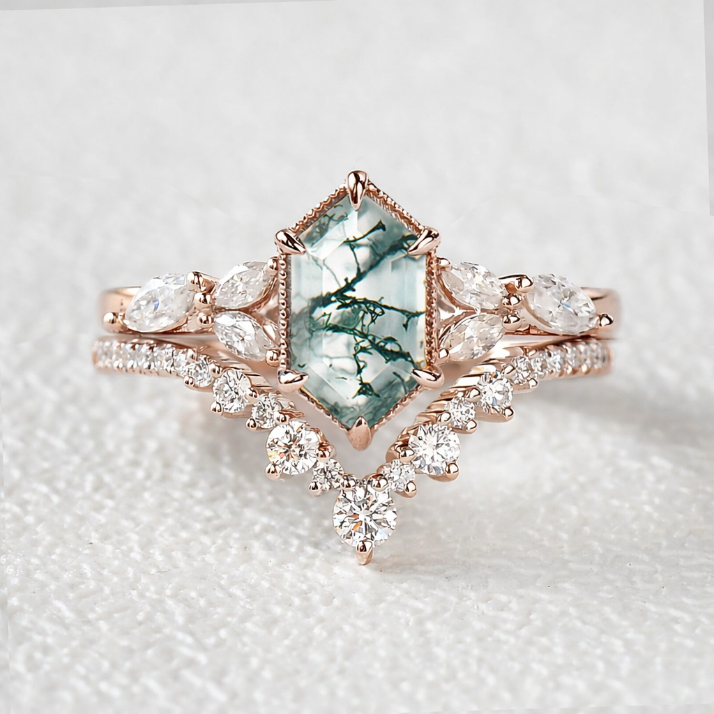 Long Hexagon Moss Agate Cluster Engagement Ring Set 2pcs