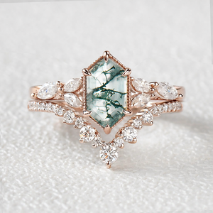 Long Hexagon Moss Agate Cluster Engagement Ring Set 2pcs