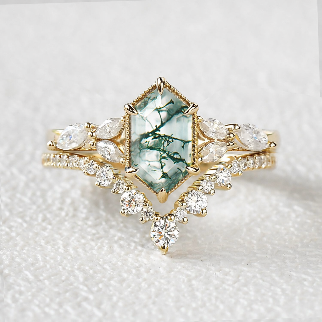 Long Hexagon Moss Agate Cluster Engagement Ring Set 2pcs