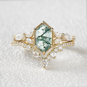Long Hexagon Moss Agate Cluster Engagement Ring Set 2pcs
