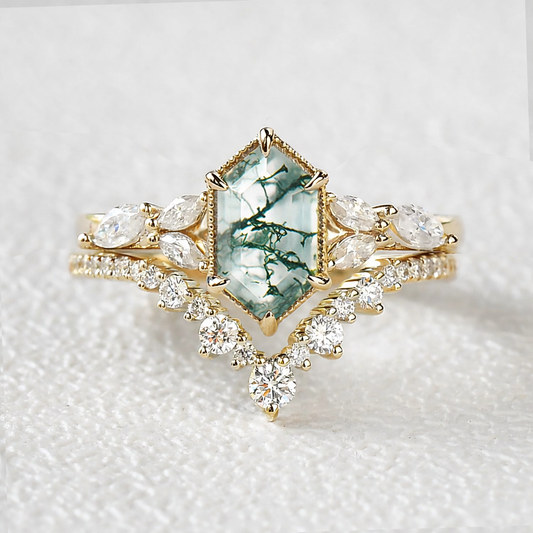 Long Hexagon Moss Agate Cluster Engagement Ring Set 2pcs