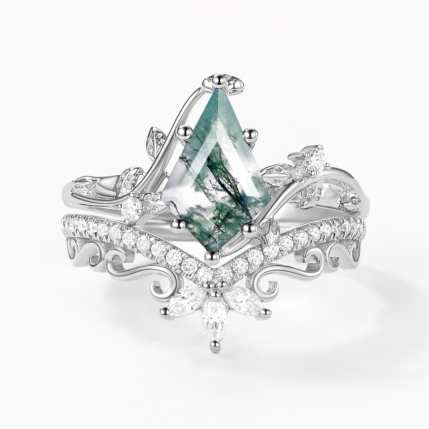 2.0ct Vintage Kite Cut Moss Agate Engagement Ring Set 2pcs - Daniella