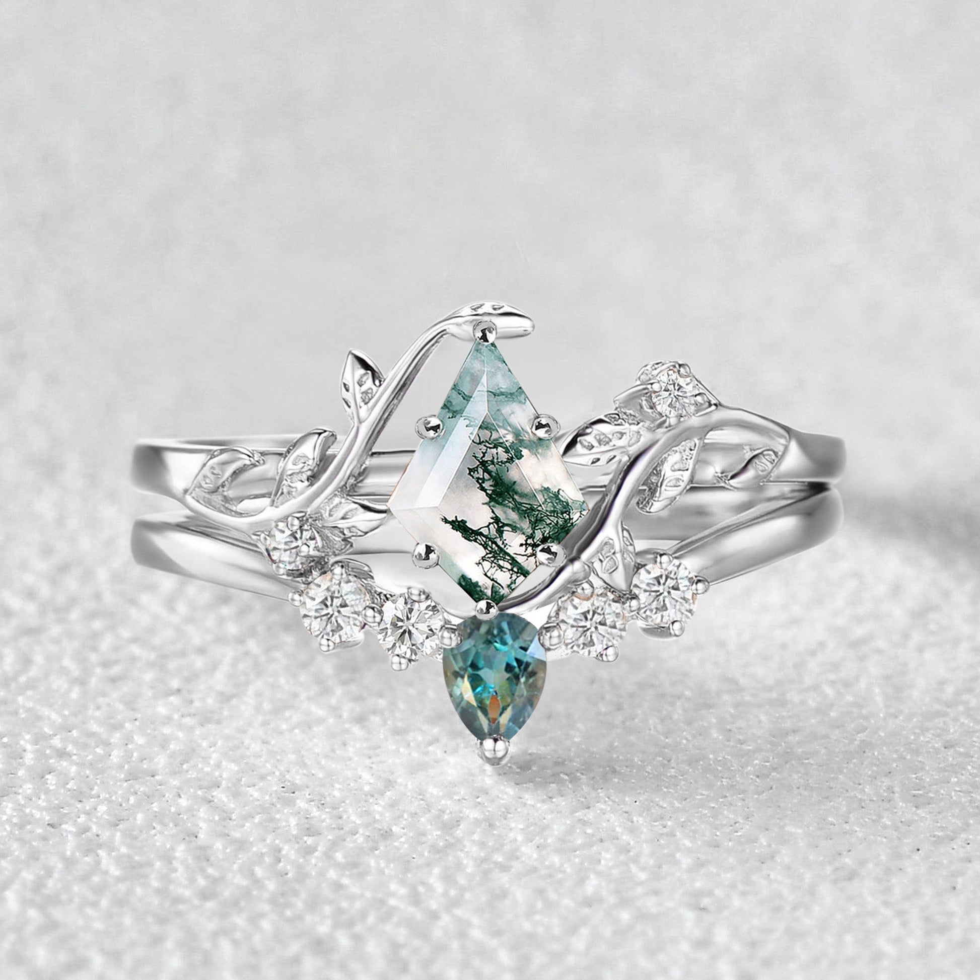 Unique Kite Cut Moss Agate & Teal Sapphire Leafy Bridal Ring Sets 2pcs - Willow
