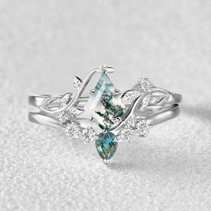 Unique Kite Cut Moss Agate & Teal Sapphire Leafy Bridal Ring Sets 2pcs - Willow