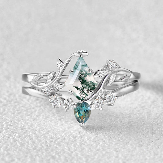 Unique Kite Cut Moss Agate & Teal Sapphire Leafy Bridal Ring Sets 2pcs - Willow