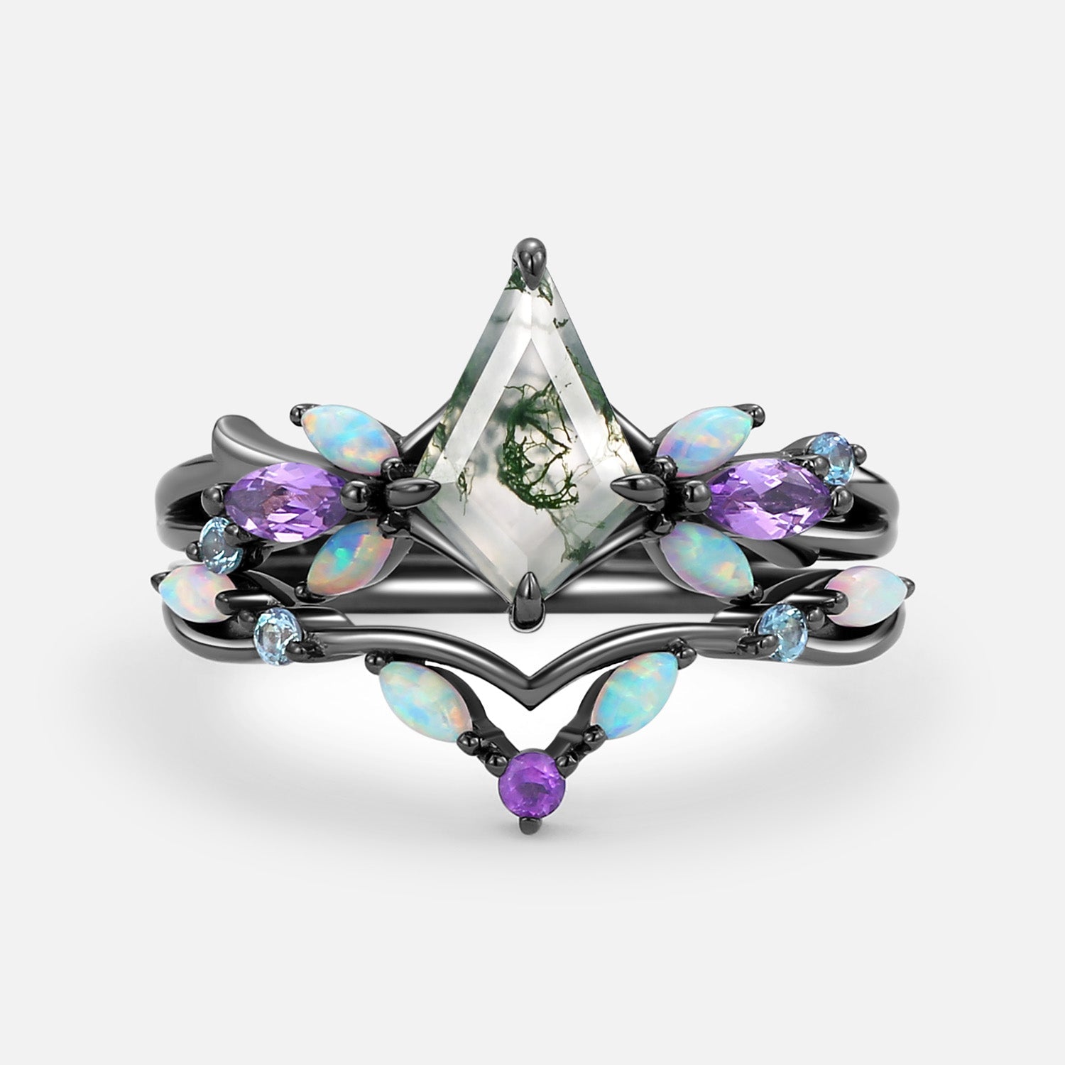 Moss Agate & Opal & Amethyst Unique Engagement Ring Set 2pcs - Bella