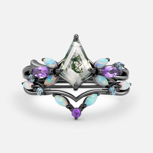 Moss Agate & Opal & Amethyst Unique Engagement Ring Set 2pcs - Bella