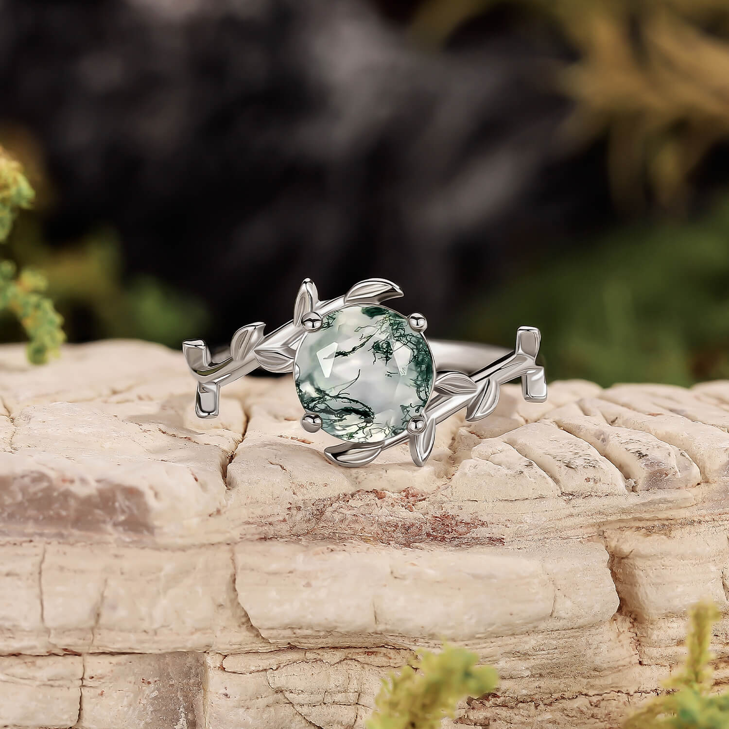 Olive Branch Natural Moss Agate Green Gemstone Adjustable Open Ring