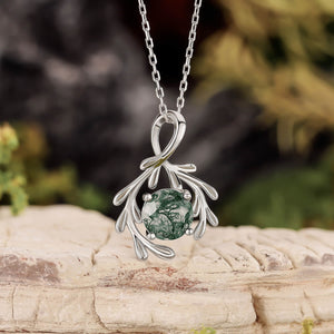 Round Natural Moss Agate Olive Branch Silver Charm Necklace