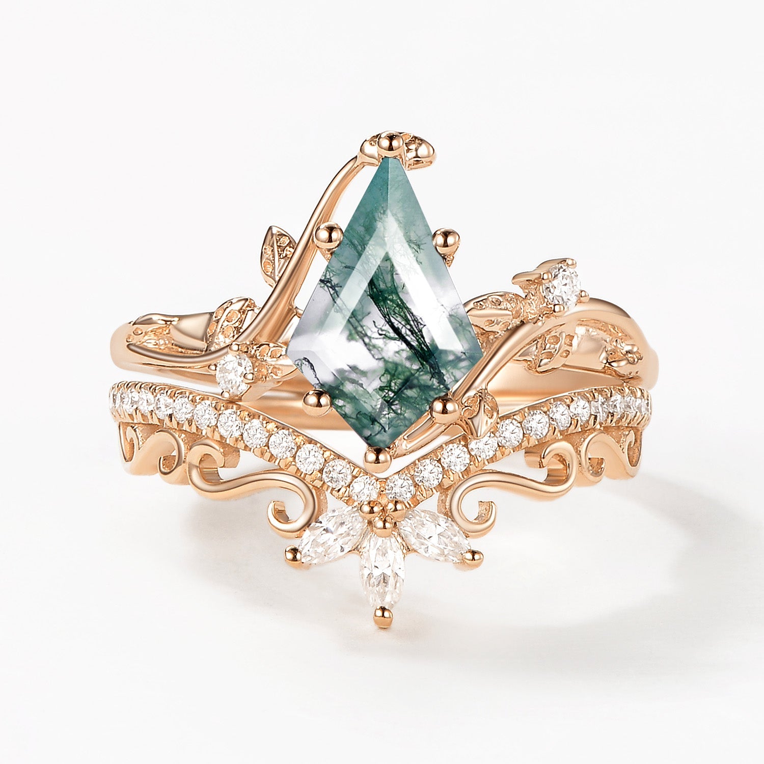 2.0ct Vintage Kite Cut Moss Agate Engagement Ring Set 2pcs - Daniella