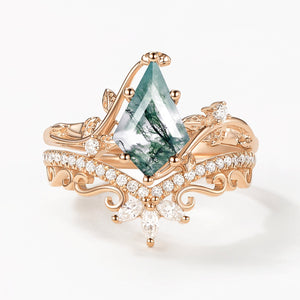 2.0ct Vintage Kite Cut Moss Agate Engagement Ring Set 2pcs - Daniella