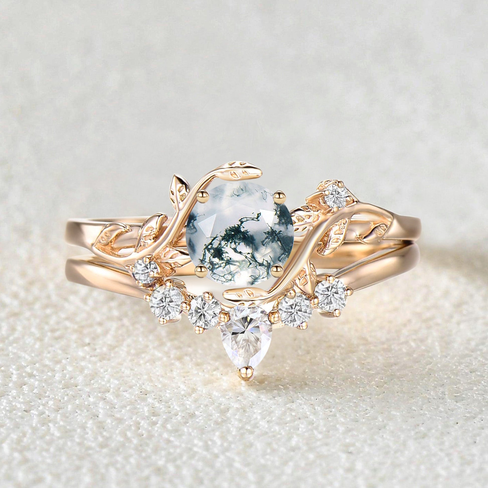 Unique Round Cut Moss Agate Leafy Bridal Ring Sets 2pcs - Willow