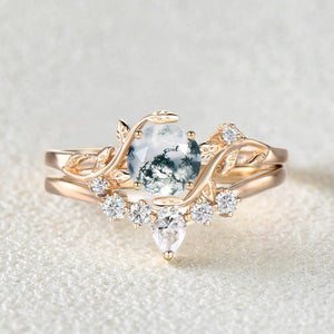 Unique Round Cut Moss Agate Leafy Bridal Ring Sets 2pcs - Willow