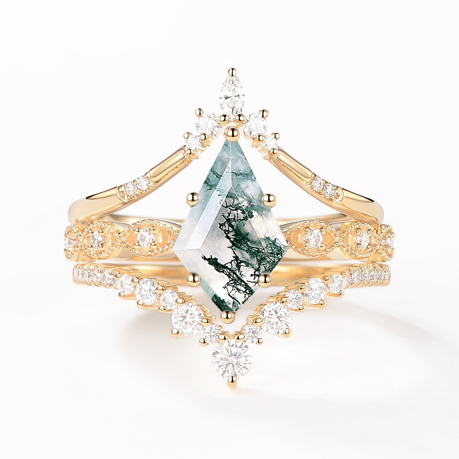 Vintage Kite Cut Moss Agate Engagement Ring Set 3pcs