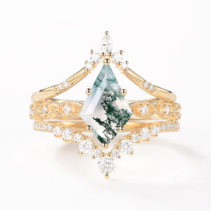 Vintage Kite Cut Moss Agate Engagement Ring Set 3pcs
