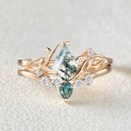 Willow Unique Kite Cut Moss Agate & Teal Sapphire Leafy Bridal Ring Sets 2pcs