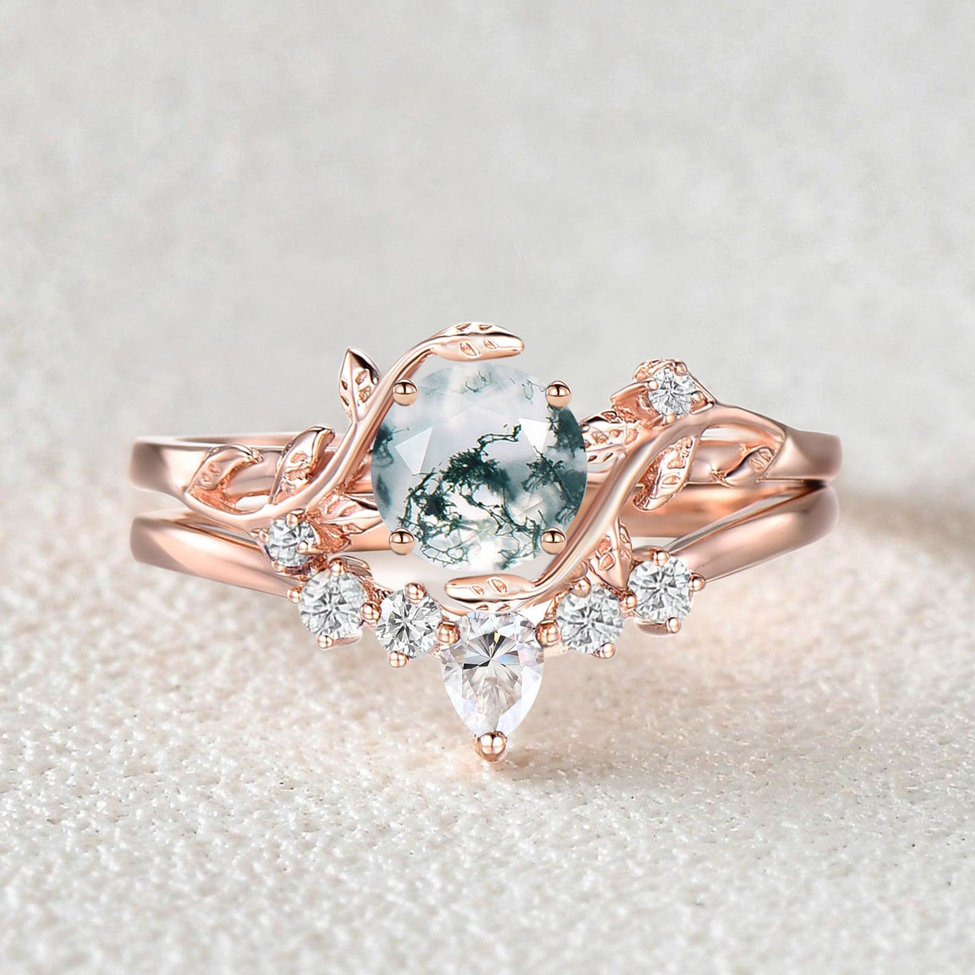 Unique Round Cut Moss Agate Leafy Bridal Ring Sets 2pcs - Willow