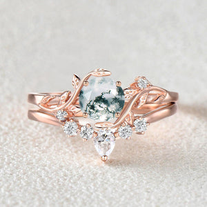 Unique Round Cut Moss Agate Leafy Bridal Ring Sets 2pcs - Willow