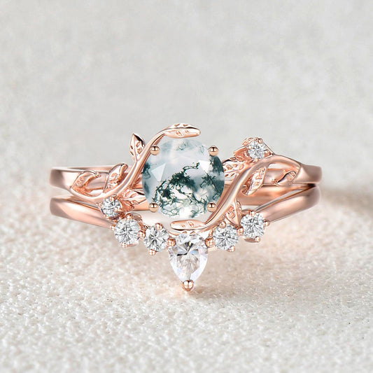 Unique Round Cut Moss Agate Leafy Bridal Ring Sets 2pcs - Willow