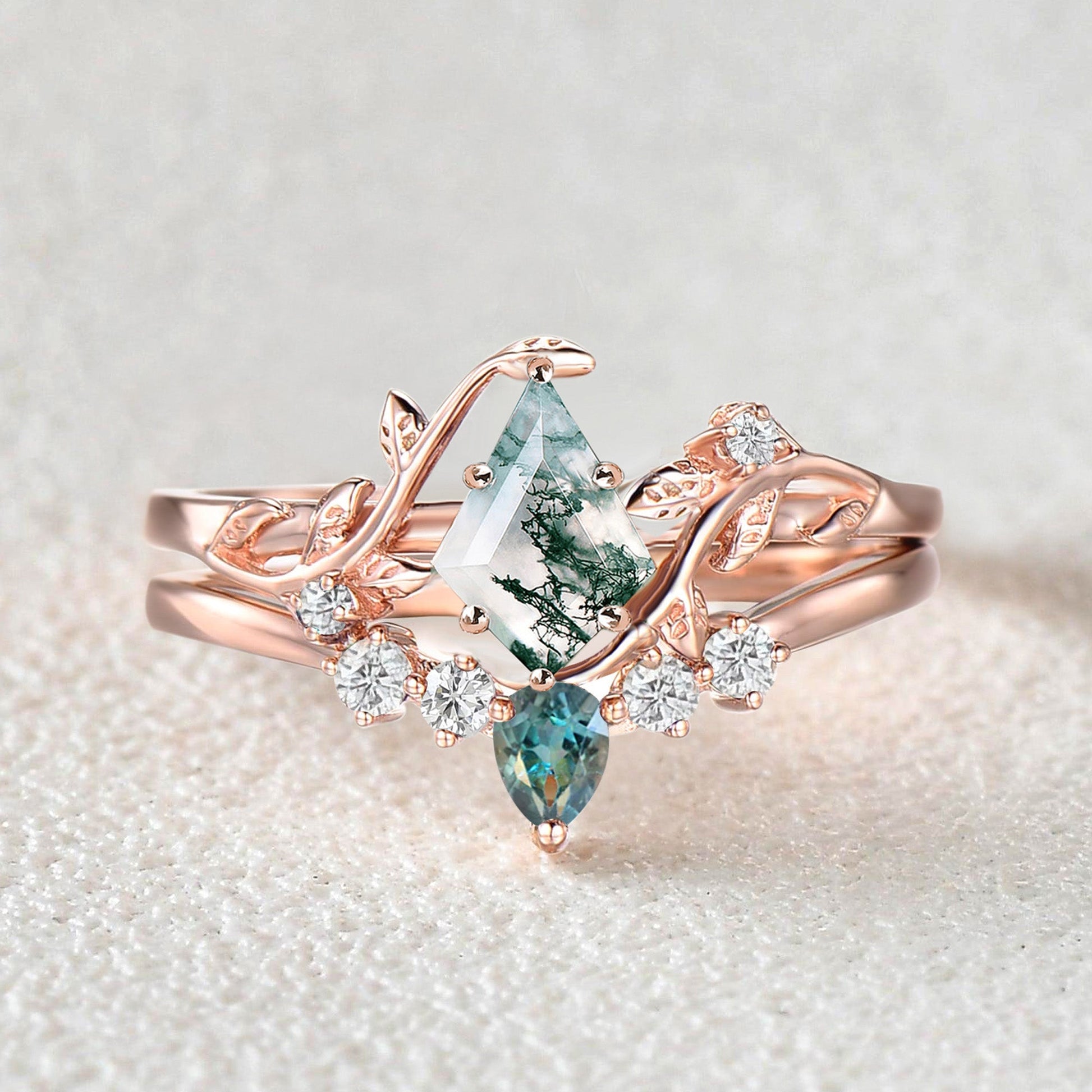 Unique Kite Cut Moss Agate & Teal Sapphire Leafy Bridal Ring Sets 2pcs - Willow