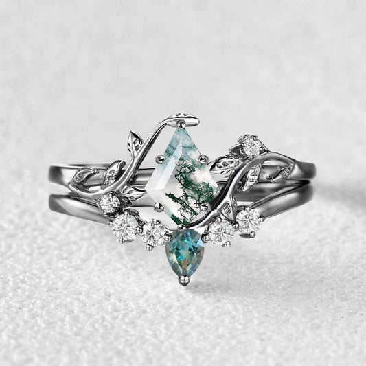 Black Gold Moss Agate & Teal Sapphire Leafy Ring Sets 2pcs - Willow
