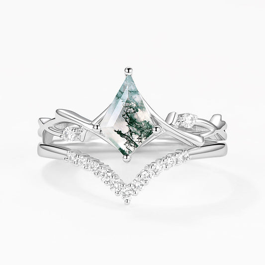 Branch Kite Cut Natural Moss Agate Minimalist Engagement Ring Sets 2pcs - Crest