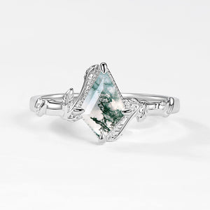 Vine Leafy Kite Cut Moss Agate Engagement Ring