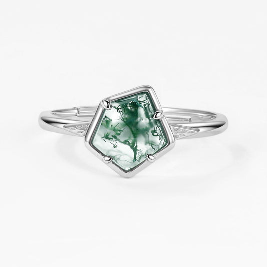 Unique Pentagon Moss Agate Leafy Bezel Engagement Ring