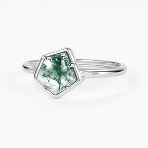 Unique Pentagon Moss Agate Leafy Bezel Engagement Ring