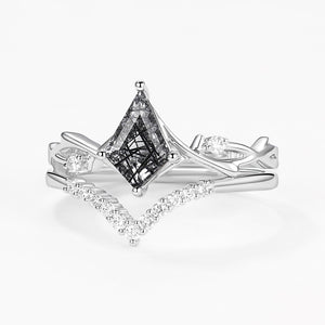 Branch Kite Cut Natural Moss Agate Minimalist Engagement Ring Sets 2pcs - Crest
