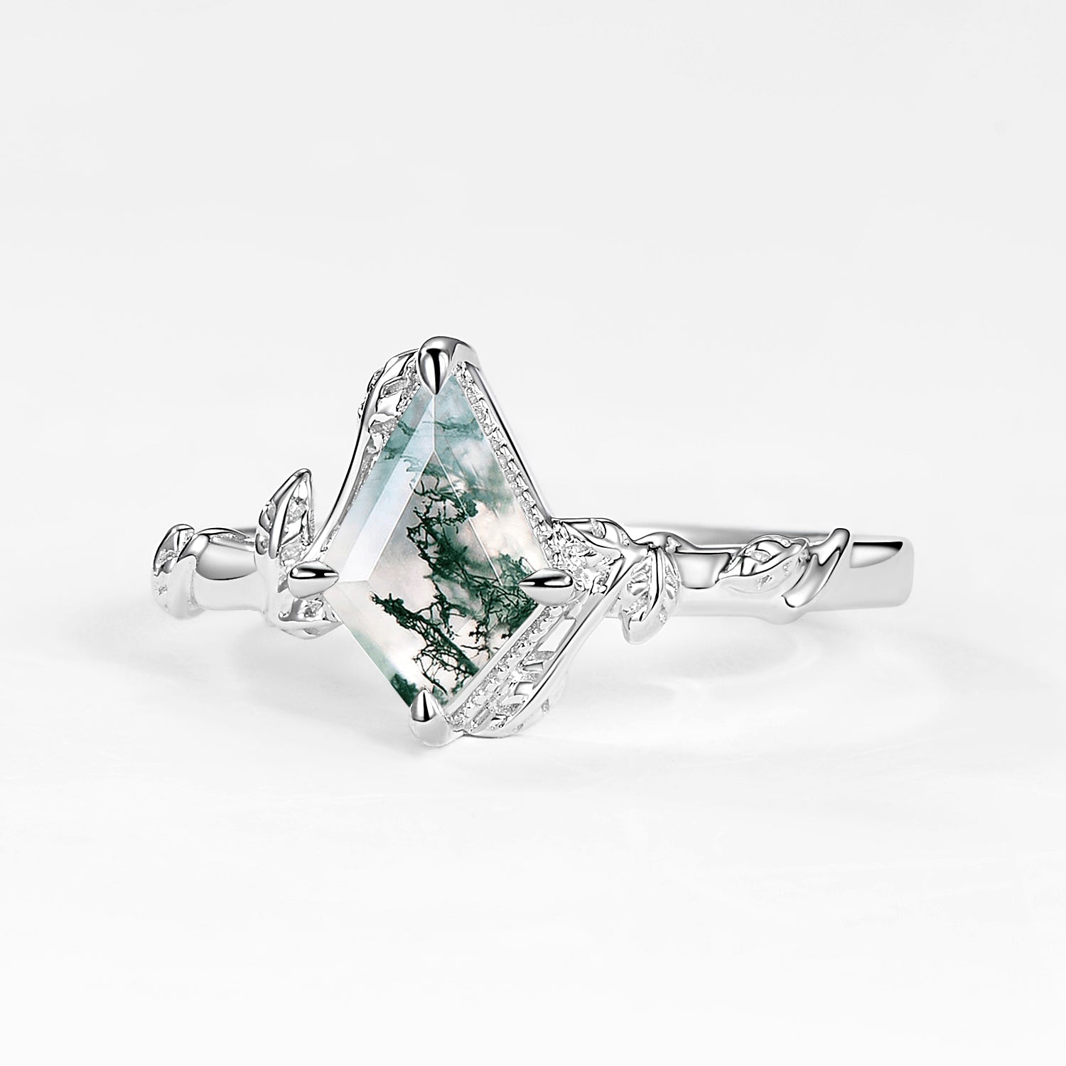 Vine Leafy Kite Cut Moss Agate Engagement Ring