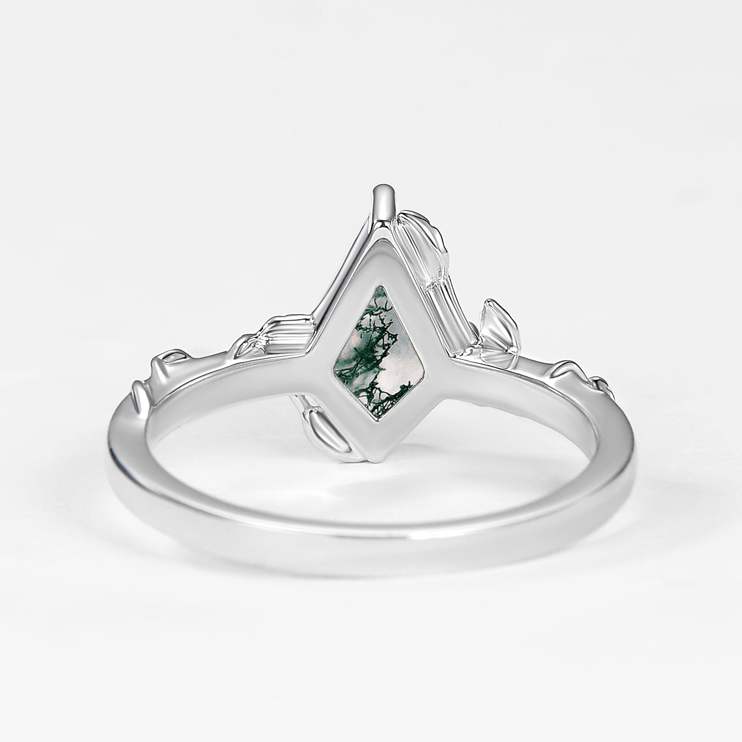Vine Leafy Kite Cut Moss Agate Engagement Ring