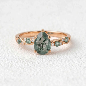 Nature Pear Cut Moss Agate Vine Engagement Ring