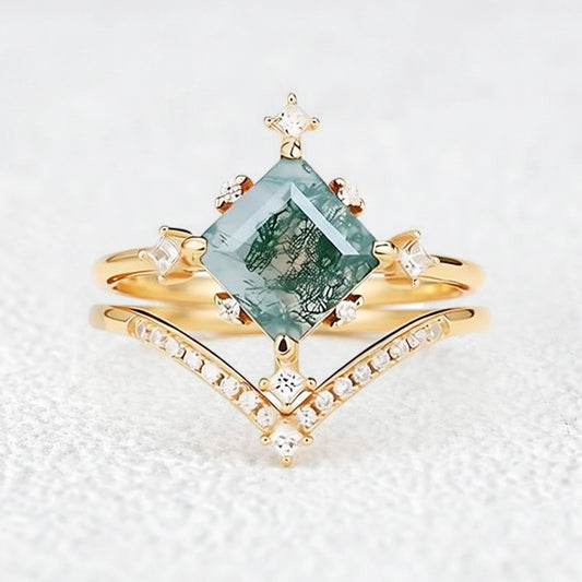 Nature Inspired Square Cut Moss Agate Promise Ring Set