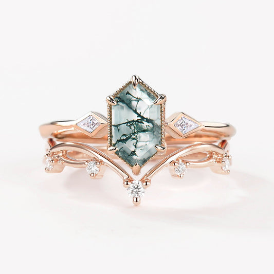 1.5ct Hexagon Moss Agate Three Stone Kite Ring Set 2PCS