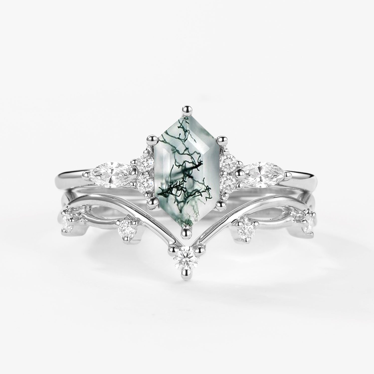 Elongated Hexagon Moss Agate Twig Engagement Ring Set 2pcs - Ona