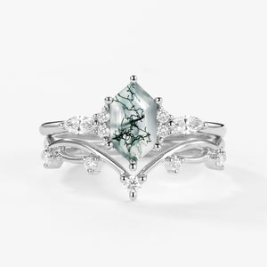 Elongated Hexagon Moss Agate Twig Engagement Ring Set 2pcs - Ona