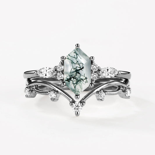 Black Gold Long Hexagon Moss Agate Leafy Ring Set 2pcs - Ona