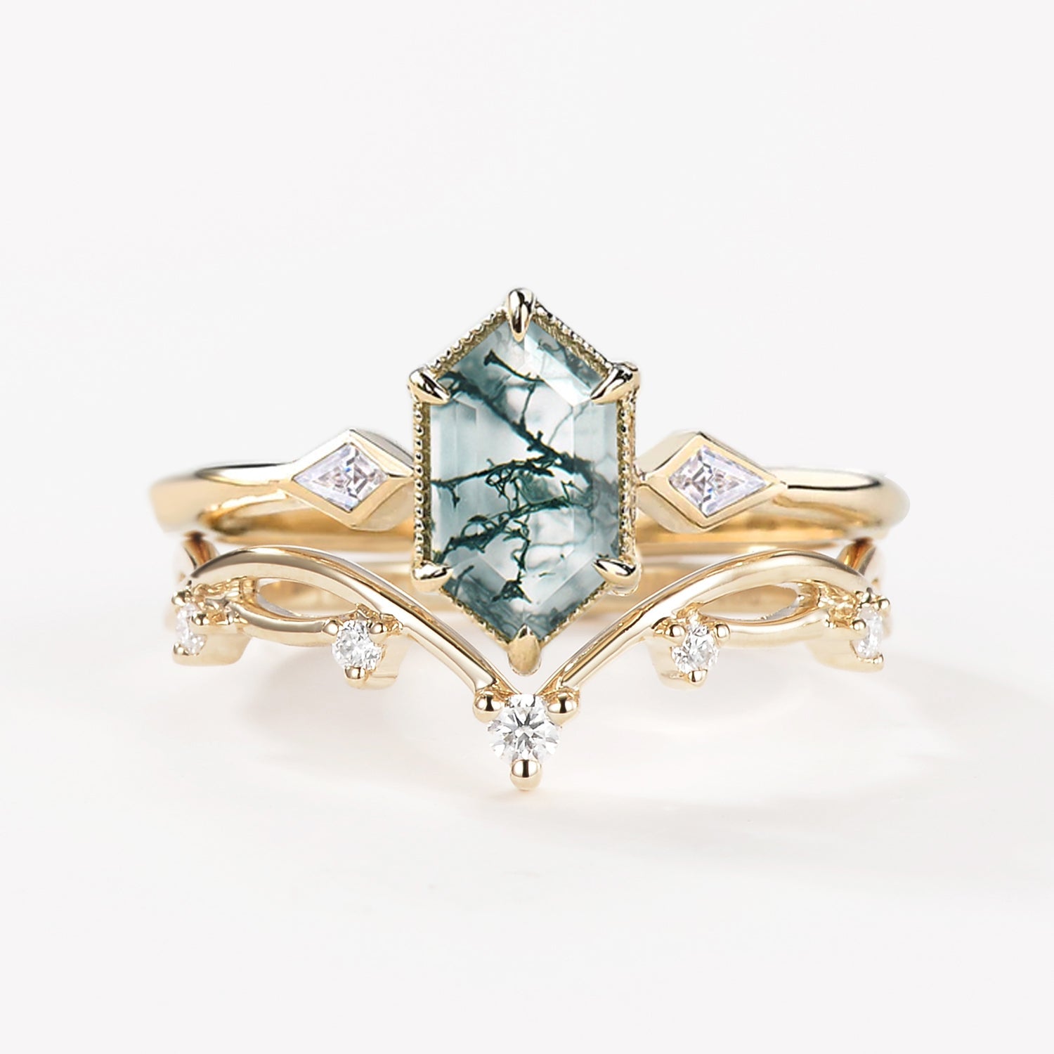 1.5ct Hexagon Moss Agate Three Stone Kite Ring Set 2PCS