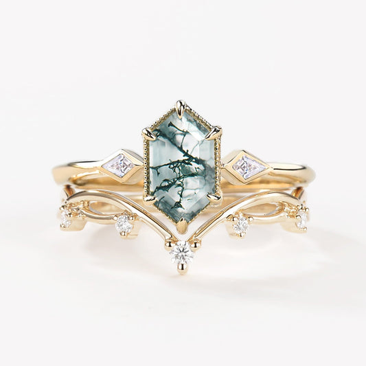 1.5ct Hexagon Moss Agate Three Stone Kite Ring Set 2PCS