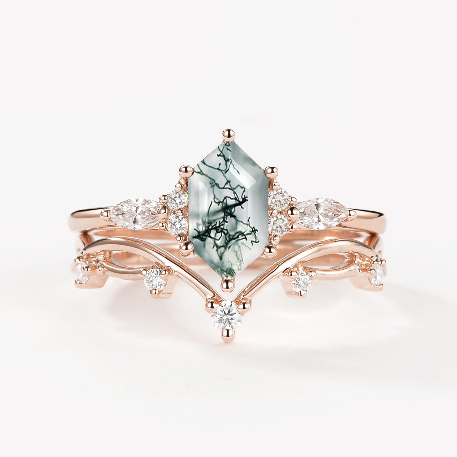 Elongated Hexagon Moss Agate Twig Engagement Ring Set 2pcs - Ona