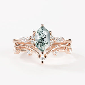 Elongated Hexagon Moss Agate Twig Engagement Ring Set 2pcs - Ona
