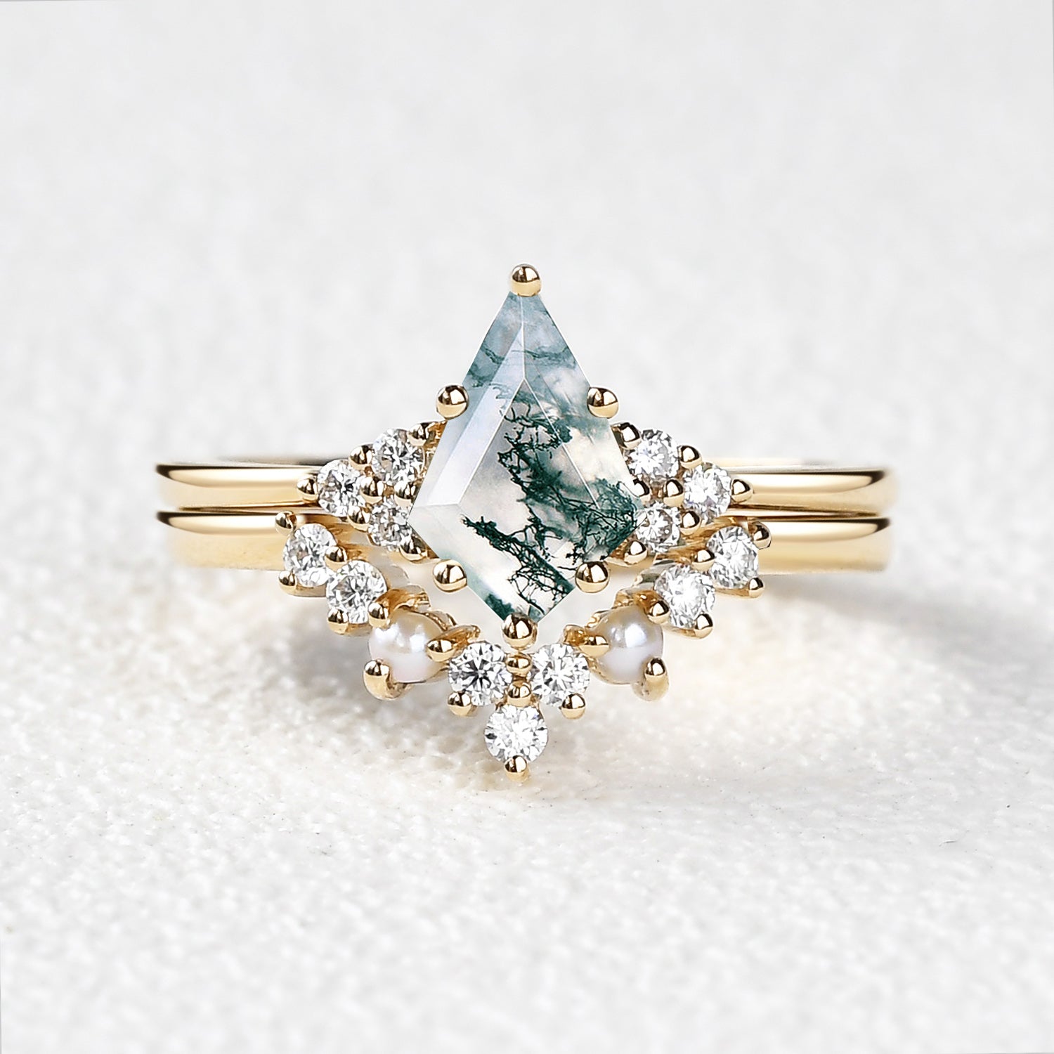Kite Cut Moss Agate Pearl Engagement Ring Set 2pcs