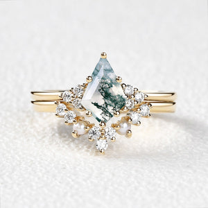 Kite Cut Moss Agate Pearl Engagement Ring Set 2pcs