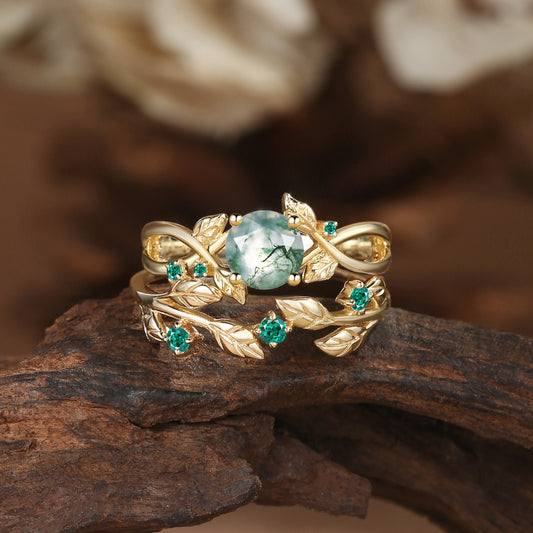 Nature Inspired Round Cut Moss Agate & Emerald Bridal Set