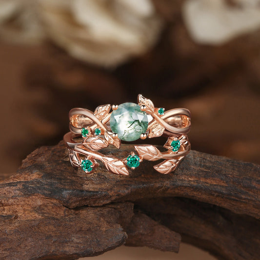 Nature Inspired Round Cut Moss Agate & Emerald Bridal Set