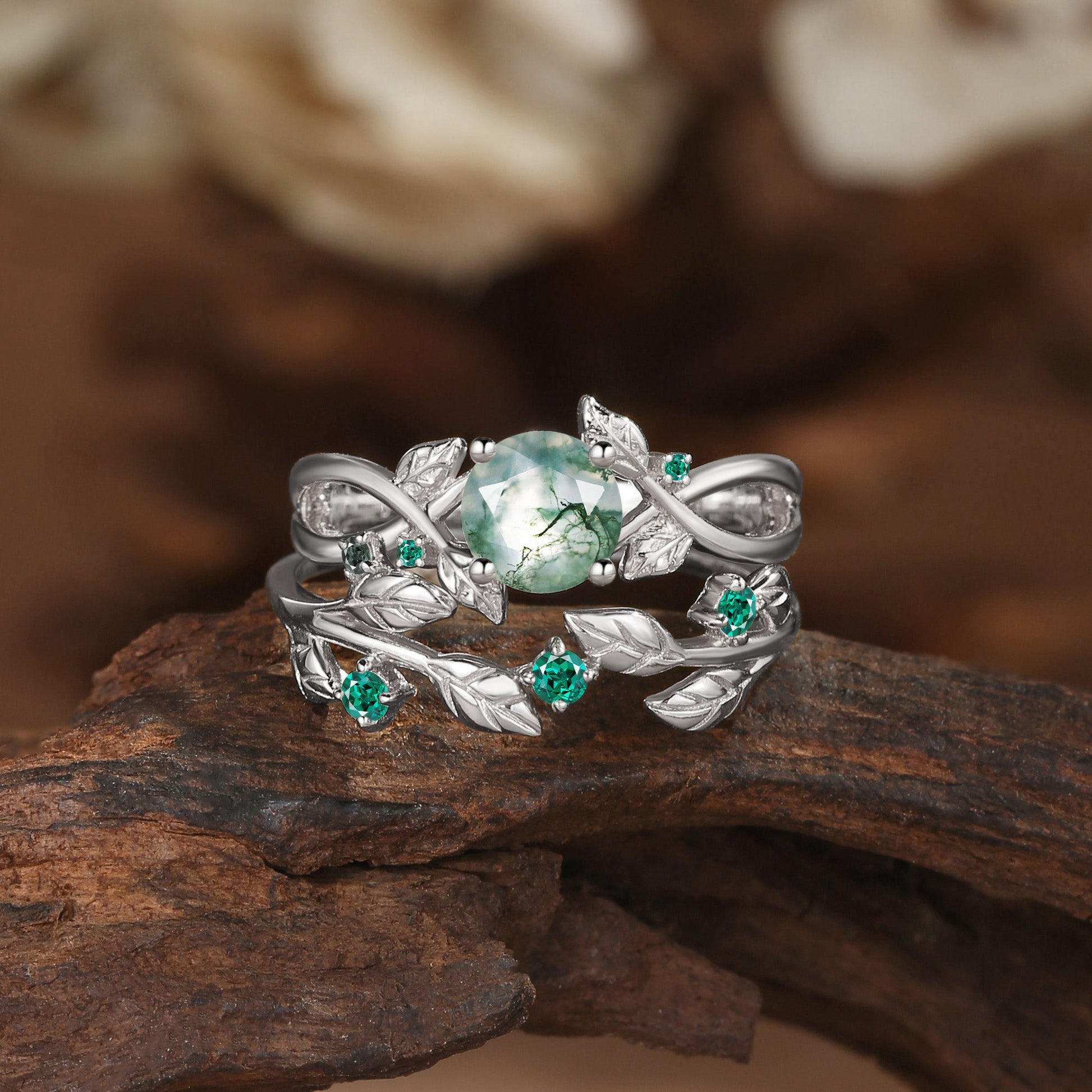 Nature Inspired Round Cut Moss Agate & Emerald Bridal Set