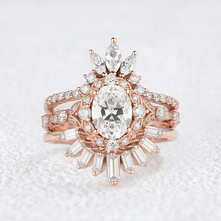 Unique Oval Cut Moissanite Sunflower Engagement Ring Set 3pcs