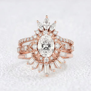 Unique Oval Cut Moissanite Sunflower Engagement Ring Set 3pcs